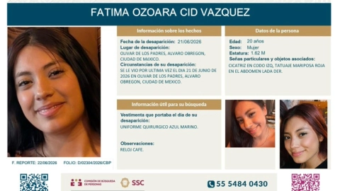 Fátima Ozoara Cid Vázquez desapareció en CDMX desde el 21 de junio de 2026 tras salir de trabajar.