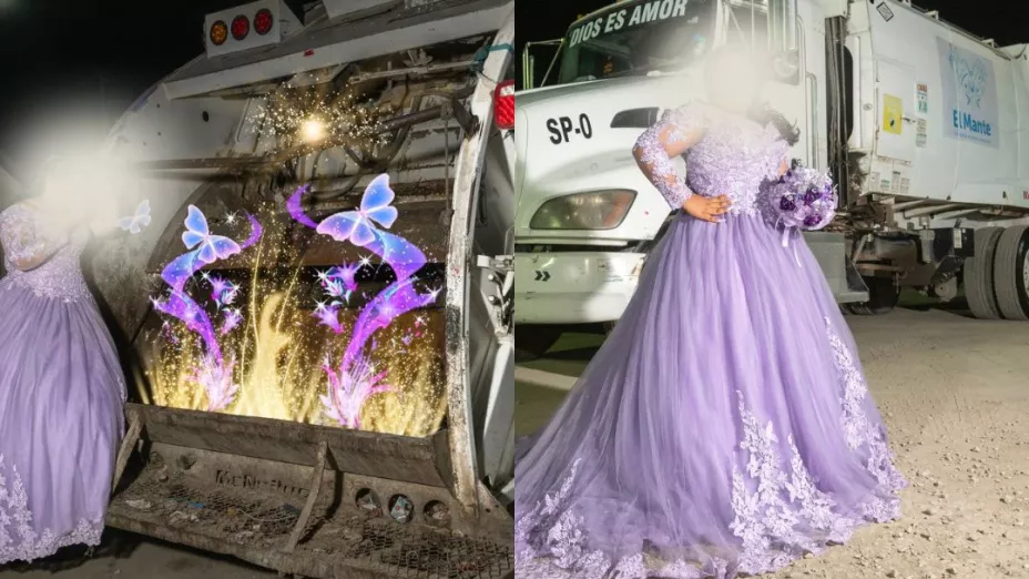 Quinceañera hace su sesión de fotos en un camión de basura
