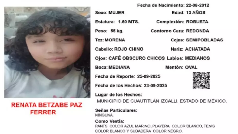 Angustia en Edomex: Buscan a las menores Renata Betzabé y Amayrani Geraldine tras Alerta Amber urgencia. En la imagen se observa la ficha de búsqueda de Renata Betzabé Paz Ferrer desaparecida en Cuautitlán Izcalli.