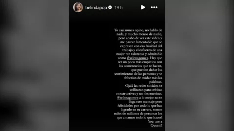 Belinda publica mensaje defendiendo a Selena Gomez.