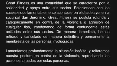 Comunicado oficial del goimnasio donde ocurrió la riña entre dos mujeres en Monterrey