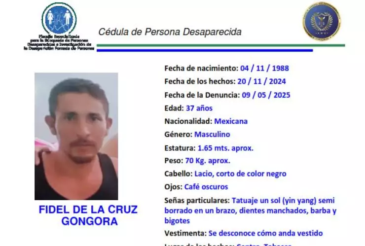 Desaparecido en Tabasco: Fidel de la Cruz Góngora fue visto por última vez en Centro
