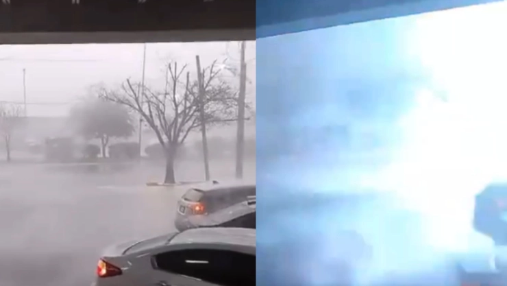 Así fue el momento en que un rayo cae sobre un estacionamiento en Apodaca, Nuevo León