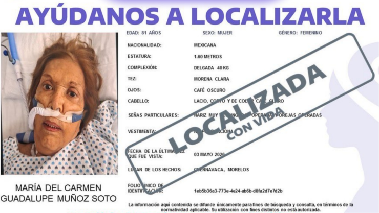Localizan con vida a María del Carmen Guadalupe Muñoz Soto.