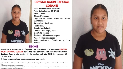 Activan Alerta AMBER por la desaparición de Crystal Naomi Caporal Cobaxin en Playa del Carmen: Edad y características de la adolescente
