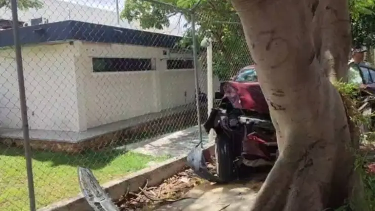 ¡Precaución! Estrella su auto contra enorme árbol en la avenida aviación