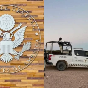 Foto del logo del consulado de EU y de patrulla de la Guardia Nacional en Sonora.