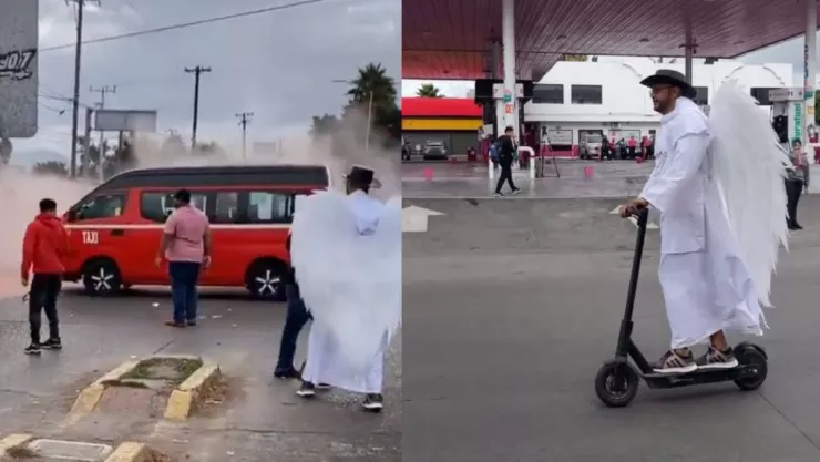 VIDEO Aparece un ángel en medio de manifestación de taxistas rojo con negro en Tijuana