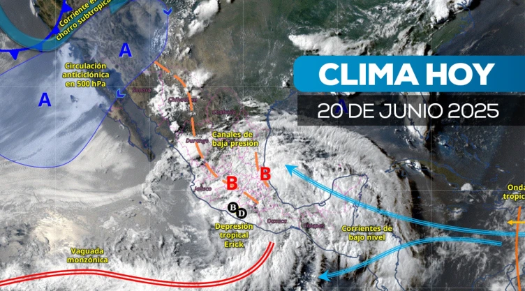 Mapa satelital de cómo estará el clima en México este 20 de junio de 2025.