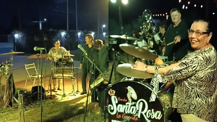 Mujer toca la tambora con la Banda Santa Rosa en Guamúchil