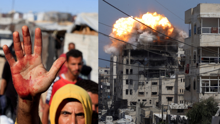 Un hombre palestino muestra manchas de sangre en la palma de su mano después de haber llevado bajas entre personas que buscaban suministros de ayuda de la Fundación Humanitaria de Gaza respaldada por Estados Unidos, en Khan Younis, en el sur de la Franja de Gaza.