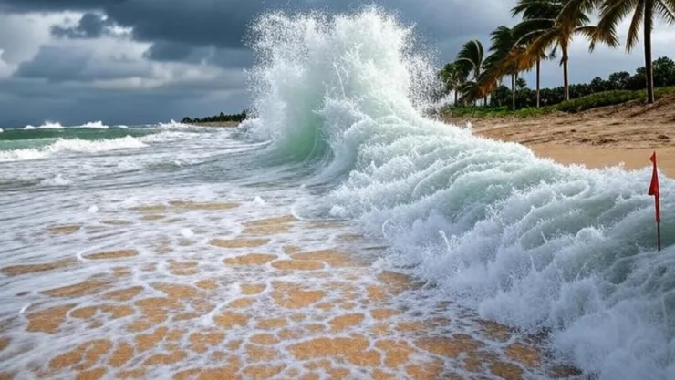 (Imagen generada con inteligencia artificial) Olas de mar, nubosidad de tormenta y bandera roja en la playa para indicar que se acerca un huracán.