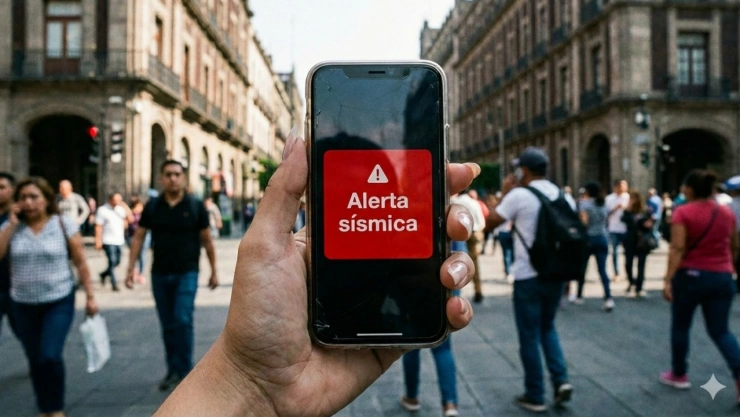 Foto de mano sosteniendo teléfono celular con la alerta sísmica en CDMX.