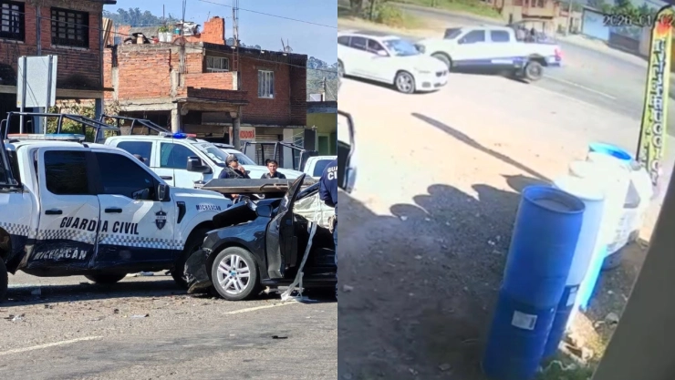 patrulla choca en carretera Pátzcuaro-Quiroga en Michoacán