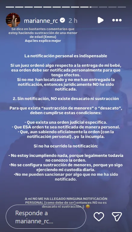 Marianne Gonzaga via IG sobre la sustracción de su hija, Emma