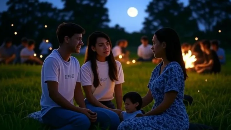 (Imagen generada con inteligencia artificial) Una familia observando el avistamiento de luciérnagas en Tlaxcala.