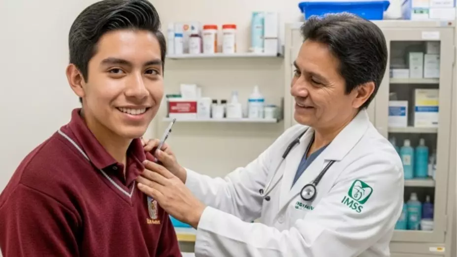 Estudiante recibiendo atención médica por un médico del IMSS.