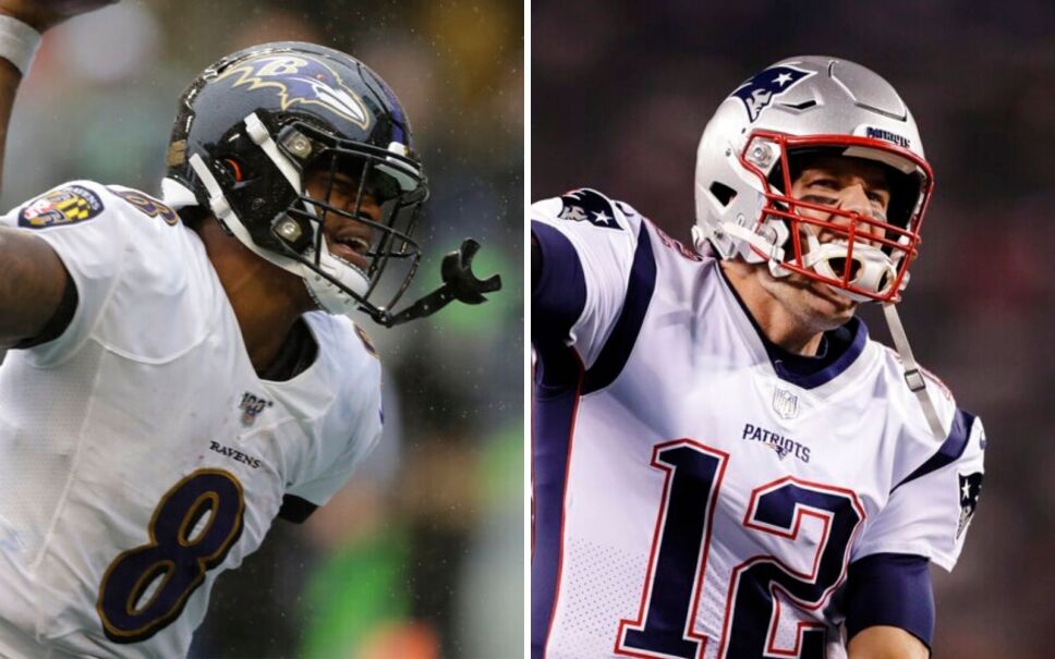 El mariscal de campo de Ravens, Lamar Jackson, y el mariscal de Patriots, Tom Brady. Imagen: AP