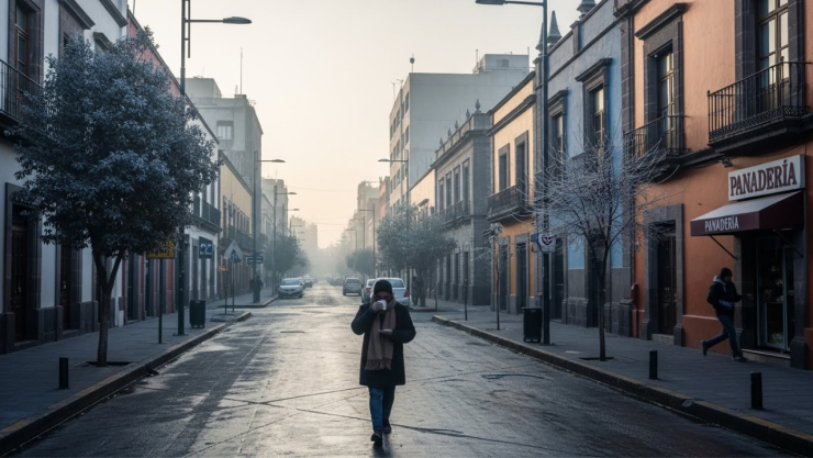 una mujer caminando por las calles del centro histórico de la ciudad de méxico en un ambiente frío; está usando un abrigo, bufanda y gorro mientras bebe lo que parece un café