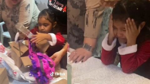 Niña llora al recibir gelantibacterial como regalo.