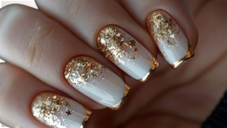 uñas doradas con blanco