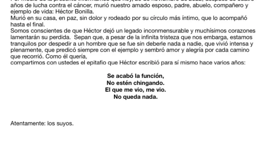 murió héctor bonilla comunicado familia