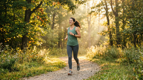 Mujer haciendo actividad física ligera al aire libre (caminar o trotar en parque), expresión tranquila, luz cálida de amanecer, ambiente natural