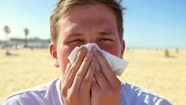 (Imagen generada con inteligencia artificial) Una persona en la playa sufriendo los síntomas del resfriado de verano en plena temporada de calor.