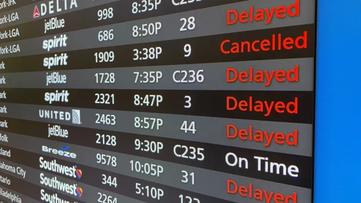 Una pantalla en donde se anuncia vuelos cancelados o demorados.