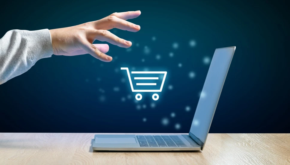 Online shopping concept. Search in shops through the Internet. Hand and laptop.