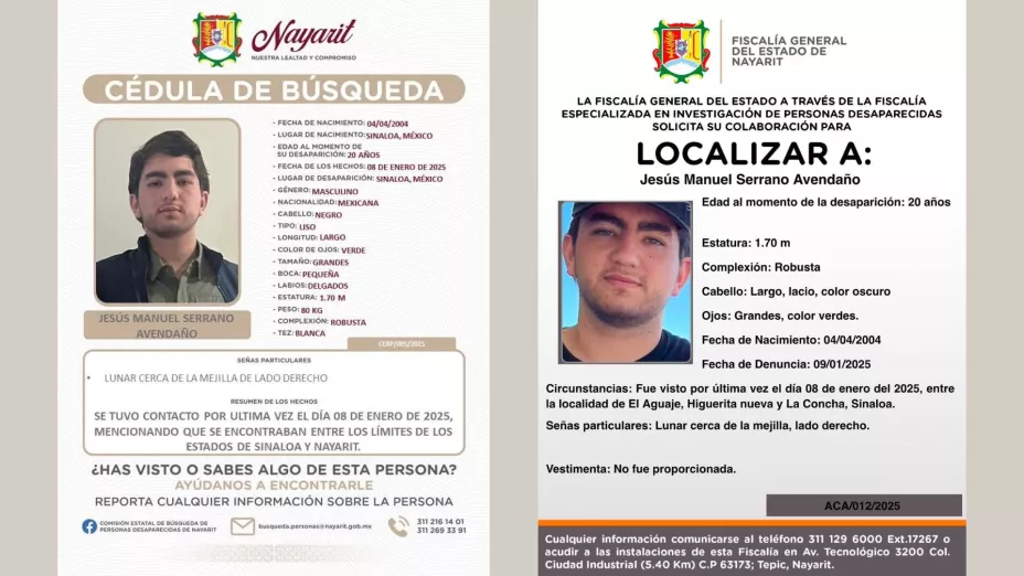 Fichas de búsqueda de Jesús Manuel, desaparecido entre Sinaloa y Nayarit