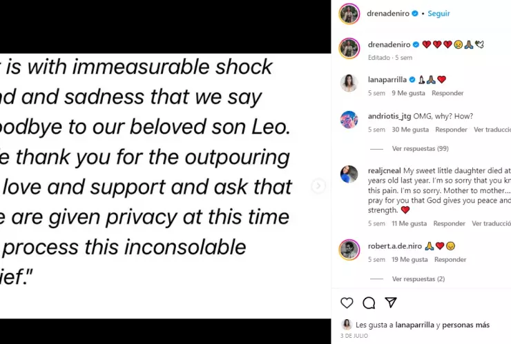 Hija de Robert De Niro manda mensaje en sus redes sociales