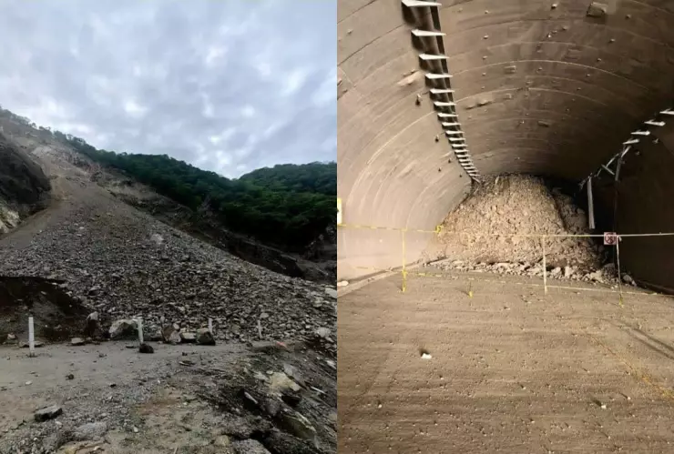Túnel El tornillo lleno de piedras y tierra tras deslave en la Autopista Mitla–Tehuantepec por el paso del Huracán Erick