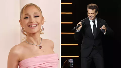 ariana grande en los premios oscar con vestido rosa / luis miguel en traje en concierto de su gira 2023