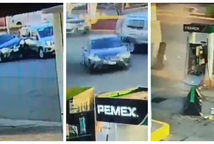 Choque múltiple acaba en aparatosa volcadura; auto sale disparado contra bombas de gasolinería en Oaxaca