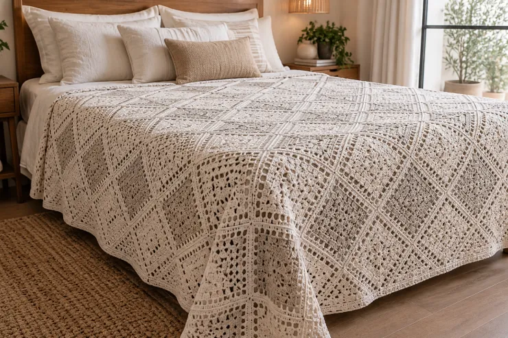 Diseño geométrico minimalista para cubresábanas de crochet