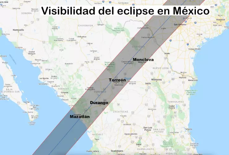 Mapa de México por donde pasará el eclipse solar total en 2024