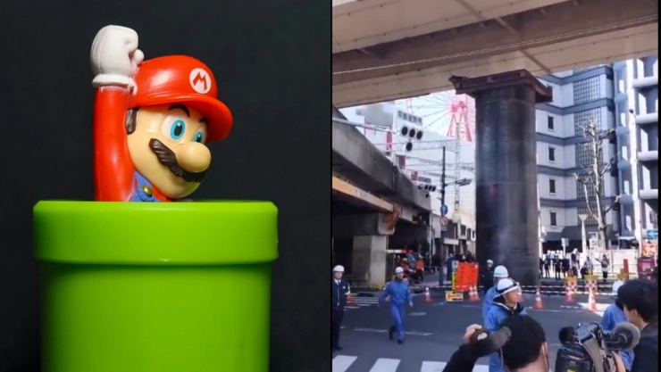 Foto de Mario Bros y de tubo que sale en Osaka, Japón, el 11 de marzo de 2026.