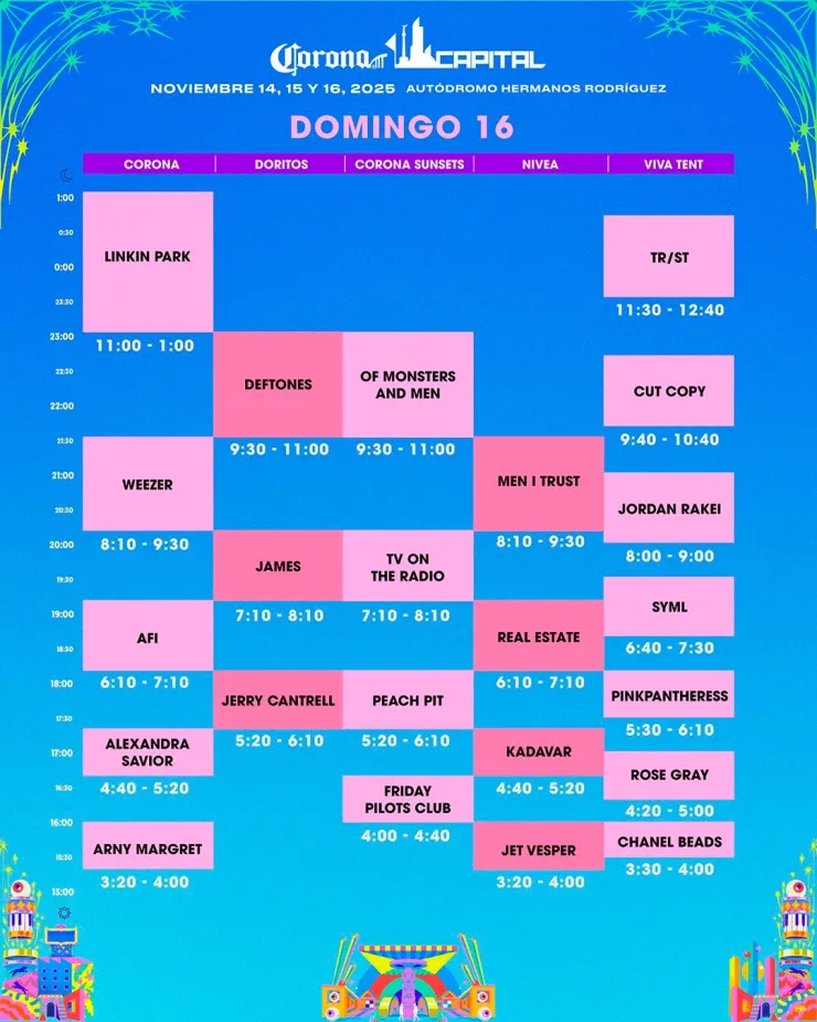 Horarios de domingo 16 de noviembre Corona Capital 2025.