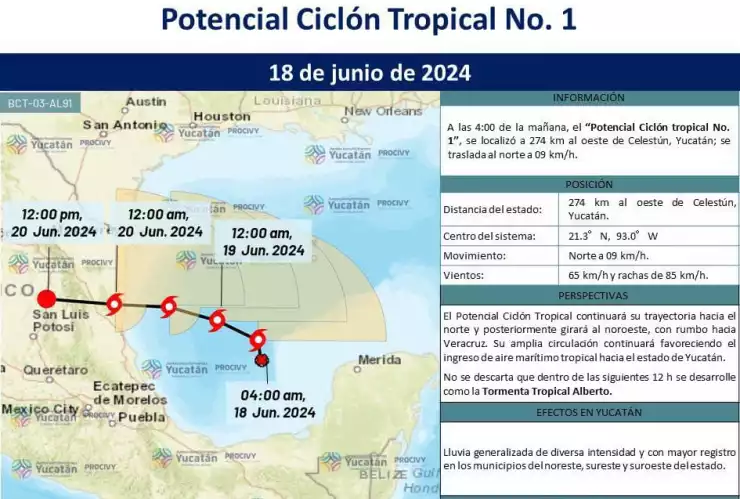 Mantienen la Alerta Azul en Yucatán por el potencial ciclón tropical 1 de la temporada de huracanes 2024