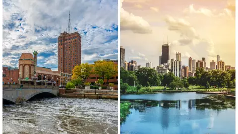 una imagen dividida de Aurora y Chicago.