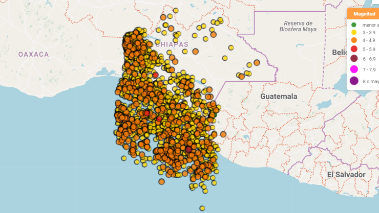 Mapa de epicentros de sismos en Chiapas