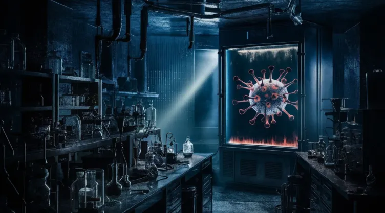 Una fotografía de un laboratorio con poca luz, con una paleta de colores fría