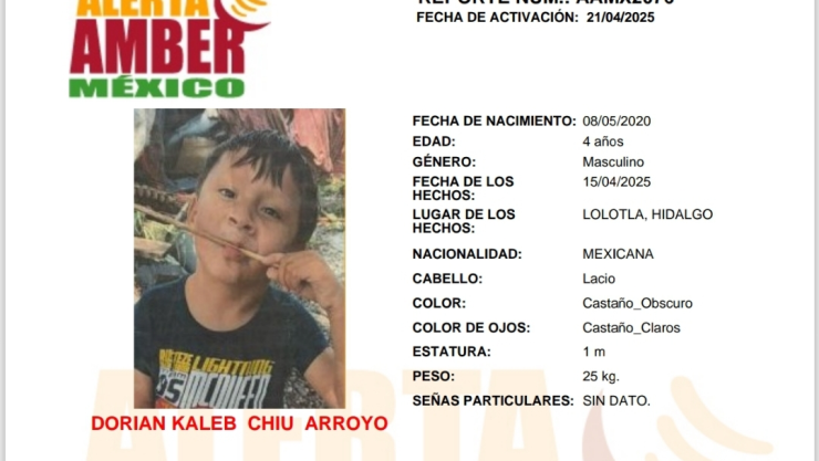 ALERTA AMBER México 2025: Dorian Kaleb Chiu Arroyo desapareció en Hidalgo