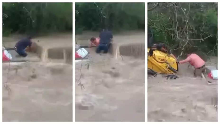 Rescatan a directivo de OOMSAPAS, La Paz, tras quedar atrapado en creciente de arroyo VIDEO. En la imagen se muestra cómo ocurrió el valiente rescate en medio de una subida de un caudal en el Acueducto El Carrizal.