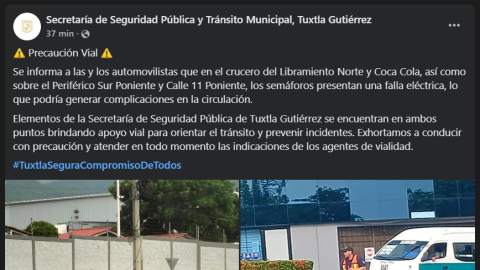 Tráfico por falla de semáforos en Tuxtla Gutiérrez