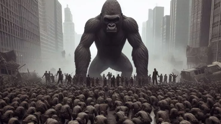 VIDEO | ¿Quién ganó? Simulan pelea entre 100 hombres vs un gorila