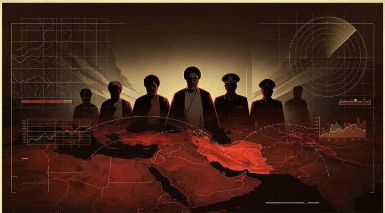 Ilustración editorial de geopolítica internacional: un cartel de recompensa estilo inteligencia internacional, siluetas de altos funcionarios iraníes en segundo plano, mapa oscuro de Medio Oriente detrás, líneas de inteligencia y gráficos digitales estilo análisis militar, tonos negro, rojo y amarillo, ambiente tenso y cinematográfico, iluminación dramática, estilo periodismo internacional