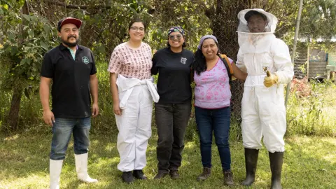 Eduardo, Jacqueline, María Fernanda y Sandra, son Abejas de Barrio, acompañados de un visitante que conocerá el apiario.