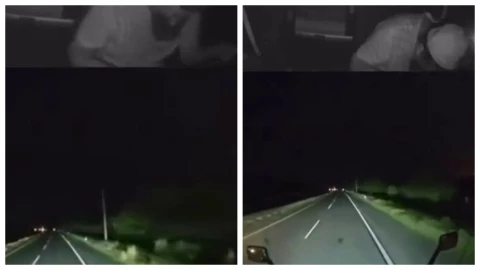 Lo atacan con una piedra para robarle: Trailero queda inconsciente y se estrella en autopista de Tabasco. En la imagen se observa el momento excato en el que el conductor del tráiler pierde el control en la autopista Coatzacoalcos-Villahermosa en Tabasco.